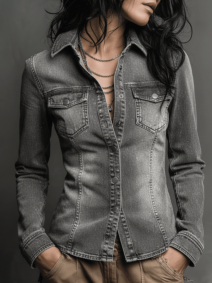 Vintage Washed Gray Fitted Denim Jacket