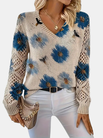 Unicloth.™ | Elegant Floral V-Neck Sweater