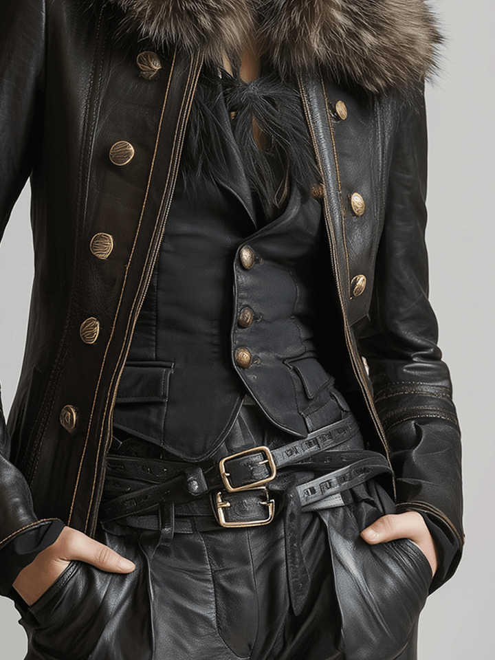 Vintage Black Military Leather Faux Fur Collar Jacket