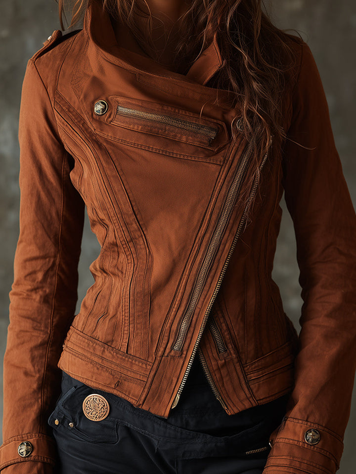 Boho Zip-up Slanted Placket Stand Collar Washed Denim Jacket