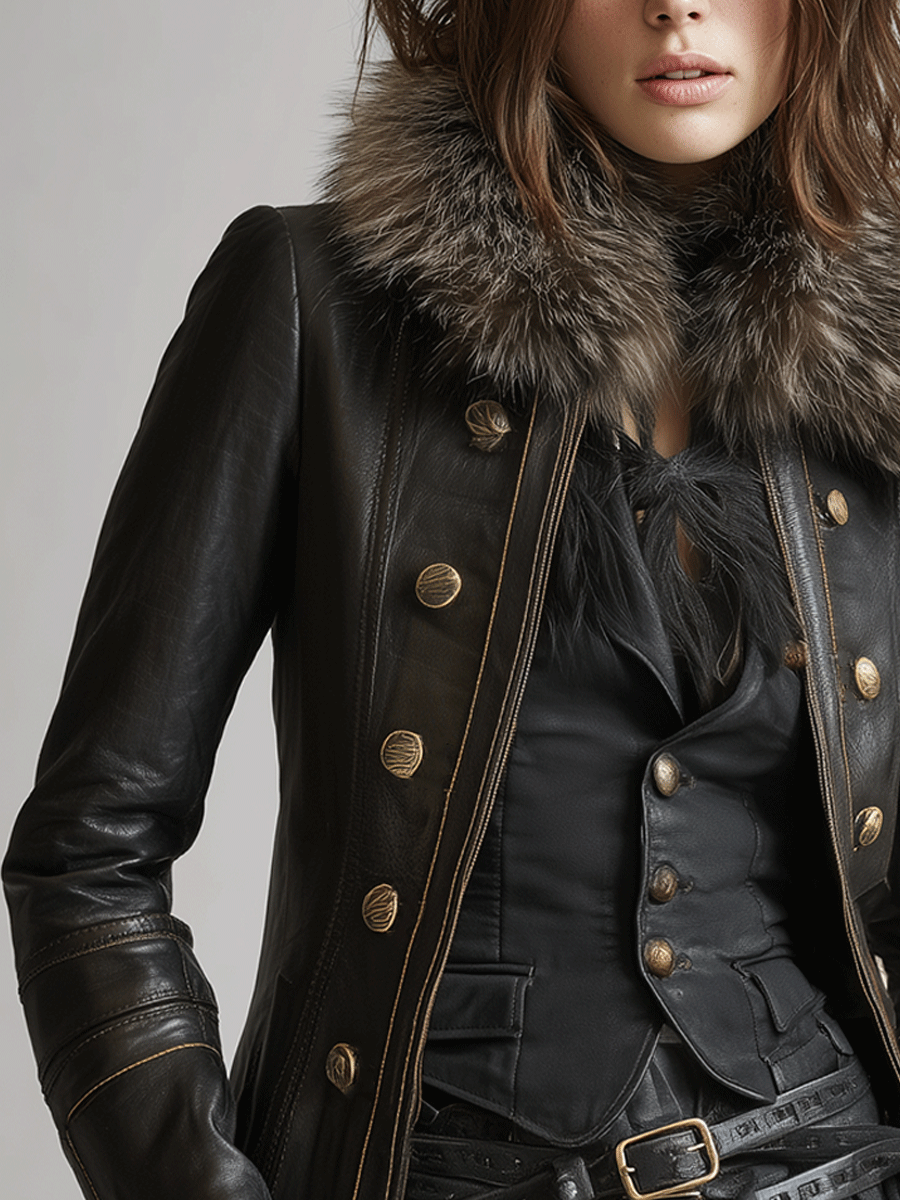 Vintage Black Military Leather Faux Fur Collar Jacket