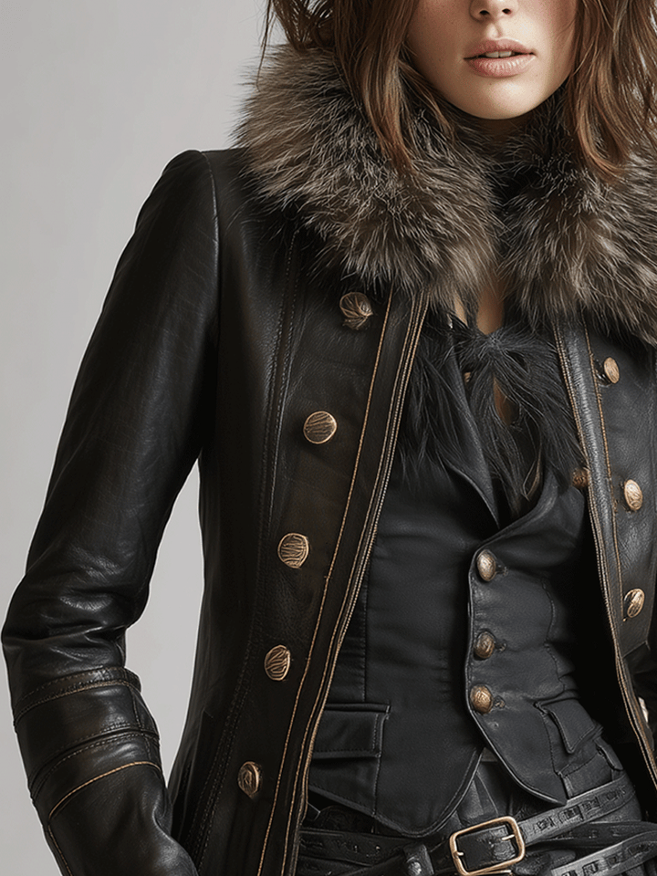 Vintage Black Military Leather Faux Fur Collar Jacket