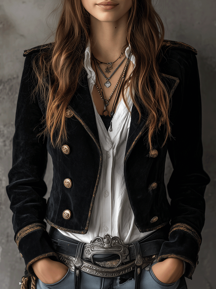 Retro Black Velvet Military Gold Button Detailing Blazer