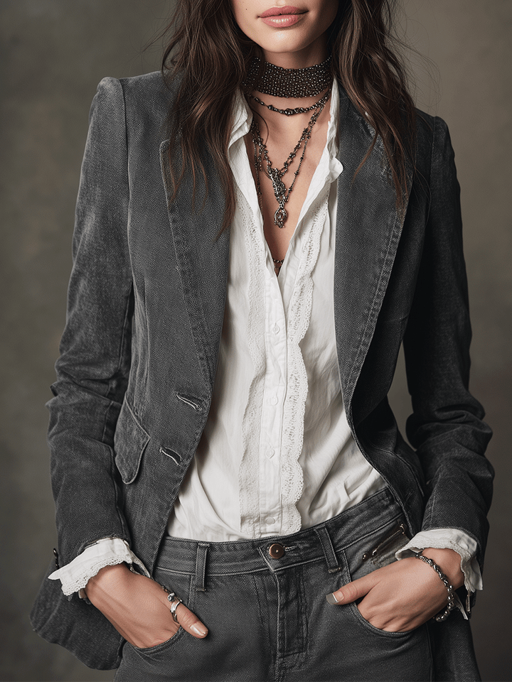 Charcoal Gray Denim Slim-Fit Vintage-Style Blazer