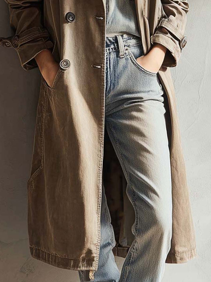 Washed Olive Pure-Cotton Denim Trench Coat