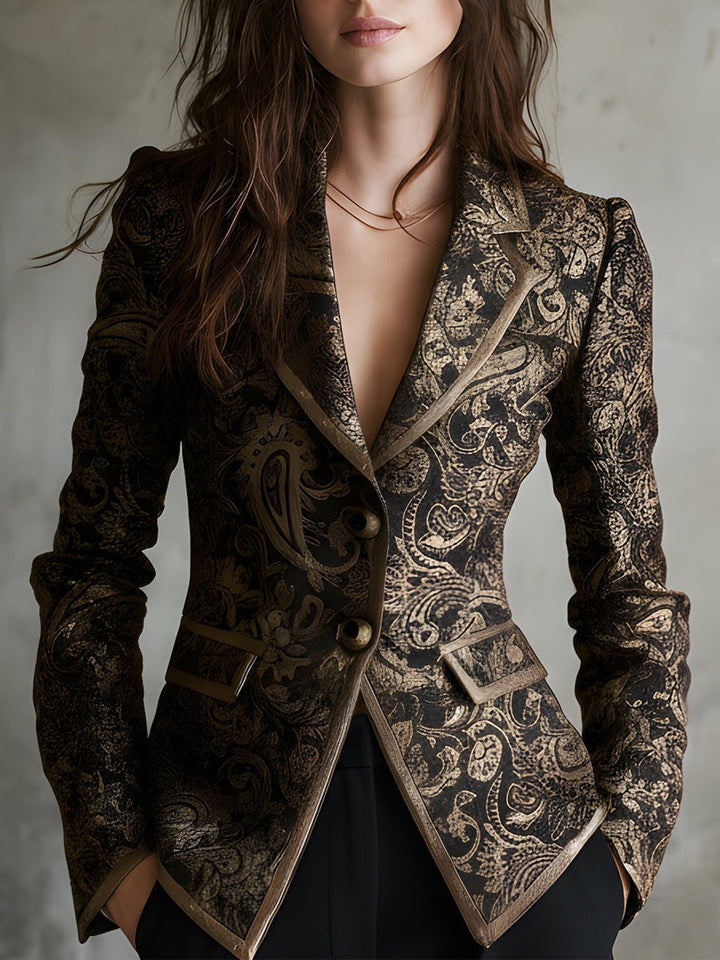 Quiet Luxury Paisley Jacquard Wrapped Lapels Fitted Blazer