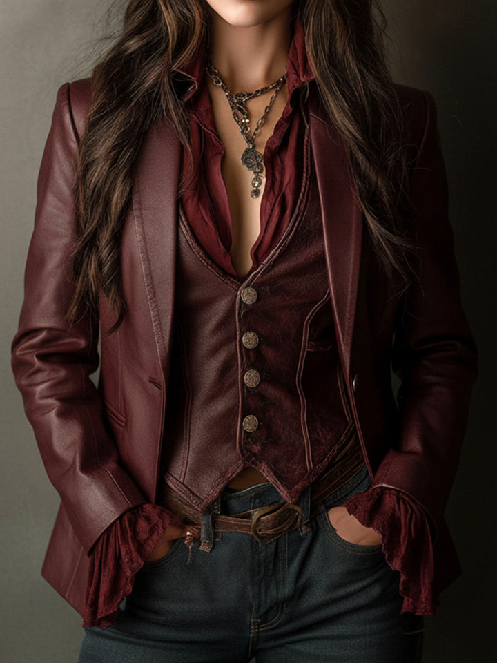 Vintage Burgundy Eco Leather Blazer