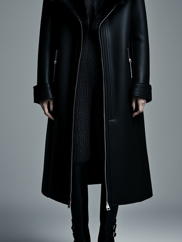 (clearance) Women Fur Trim Warm Lined Hooded Eco Leather Trench Coat