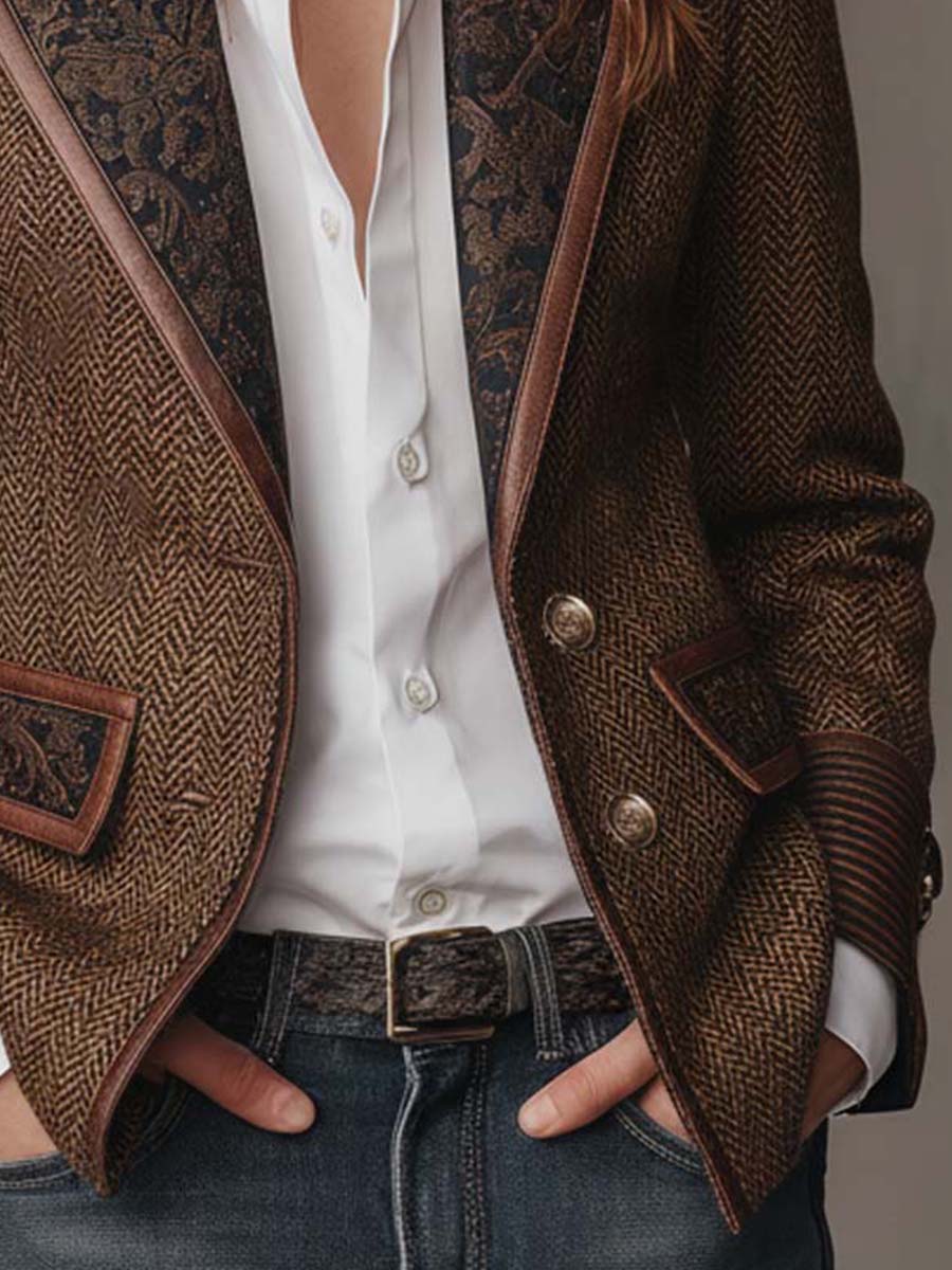Herringbone Tweed Blazer With Printed Panels