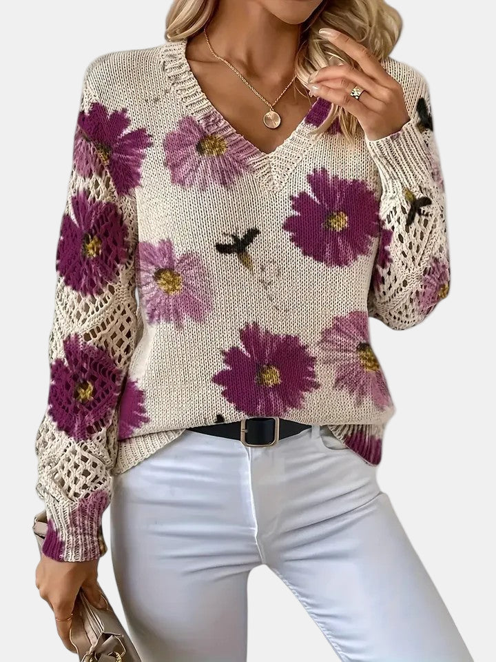 Unicloth.™ | Pull élégant à col en V et imprimé floral