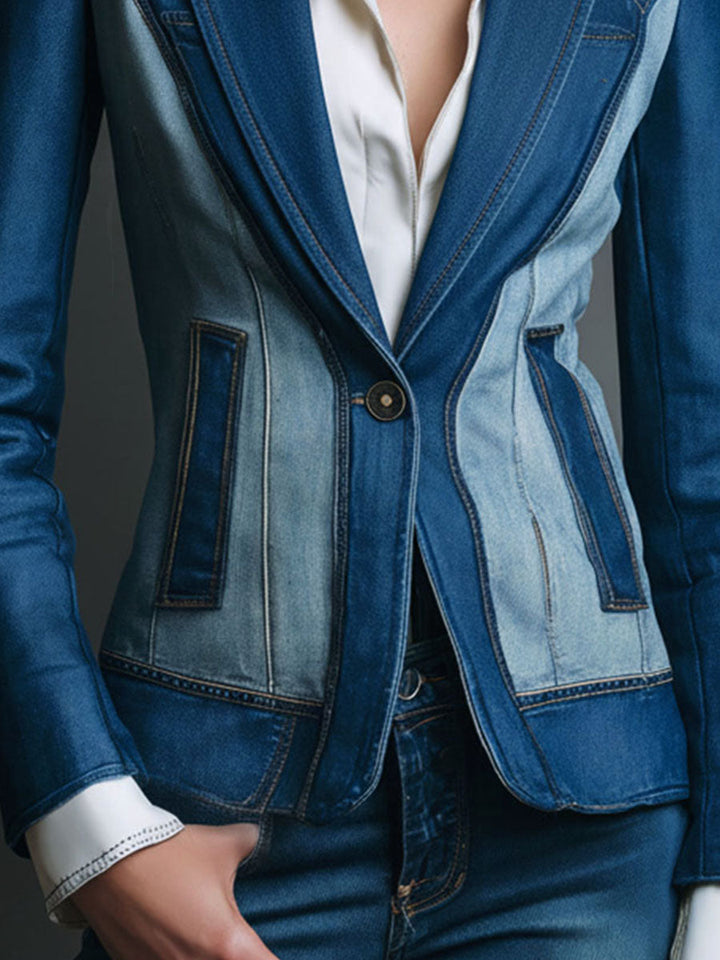 Utility Charm Contrast Design Two-Tone Denim Tailored Blazer