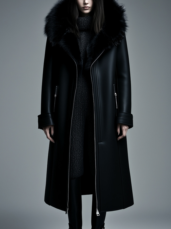 (clearance) Women Fur Trim Warm Lined Hooded Eco Leather Trench Coat