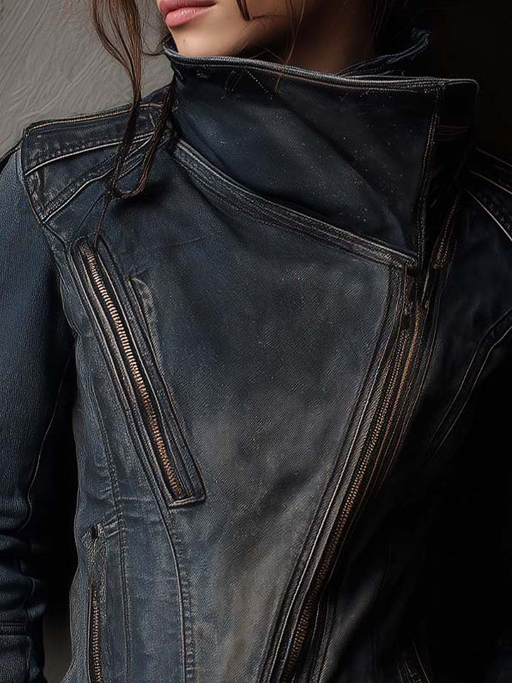 Washed Steel-blue Distressed Denim Moto Jacket