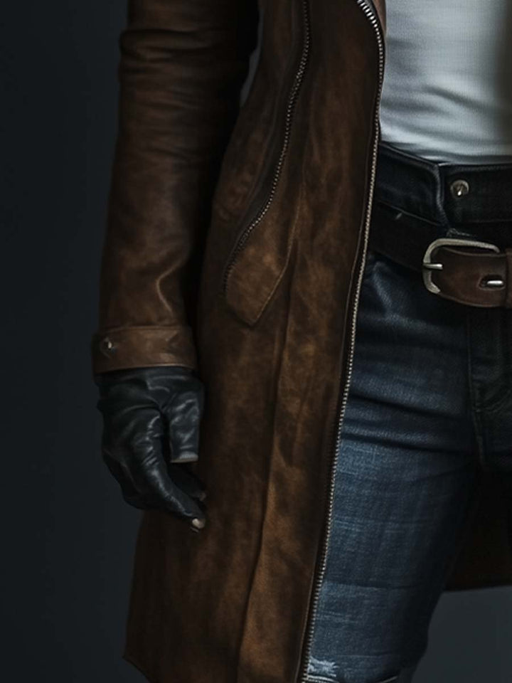 (clearance) Women's Vintage Fur Collar Zipper Faux Leather Coat