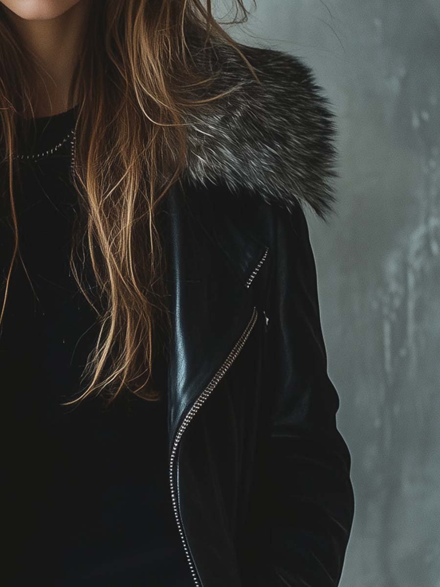 (clearance)Women's Vintage Fur Collar Zipper Mid-Length Leather Coat