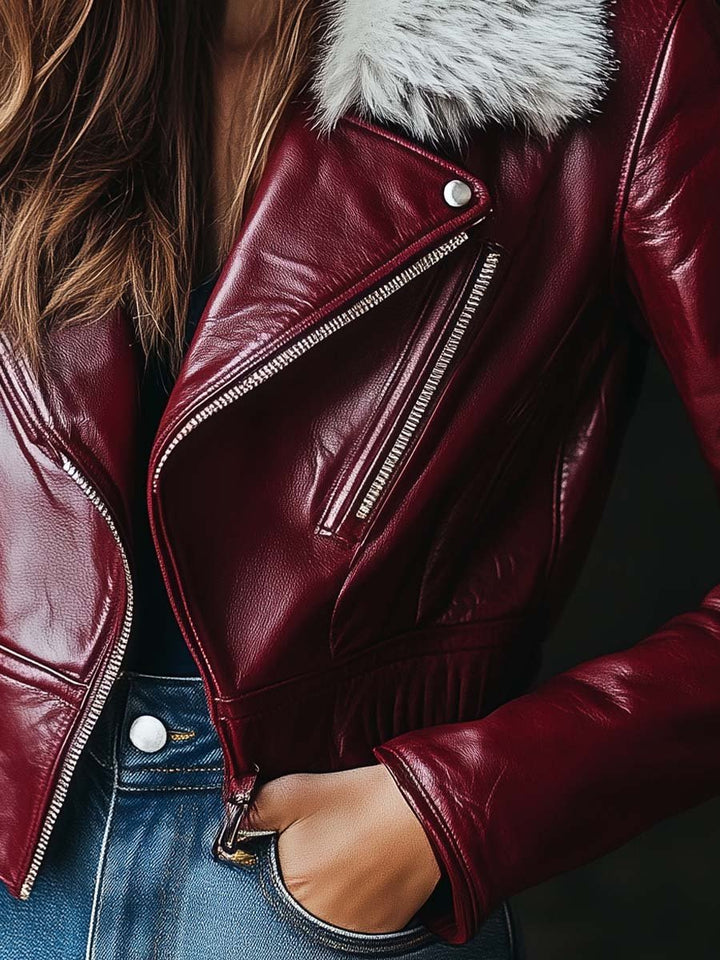 (clearance) Women's Vintage Fur Collar Zipper Leather Jacket
