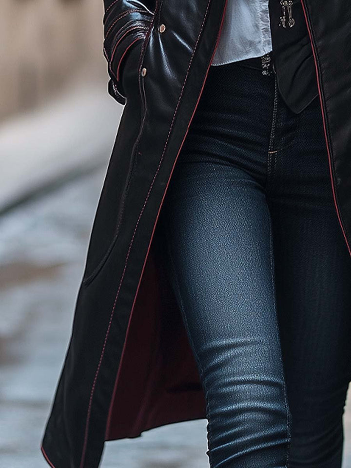 (clearance) Women's Retro Zipper Button Long Leather Coat