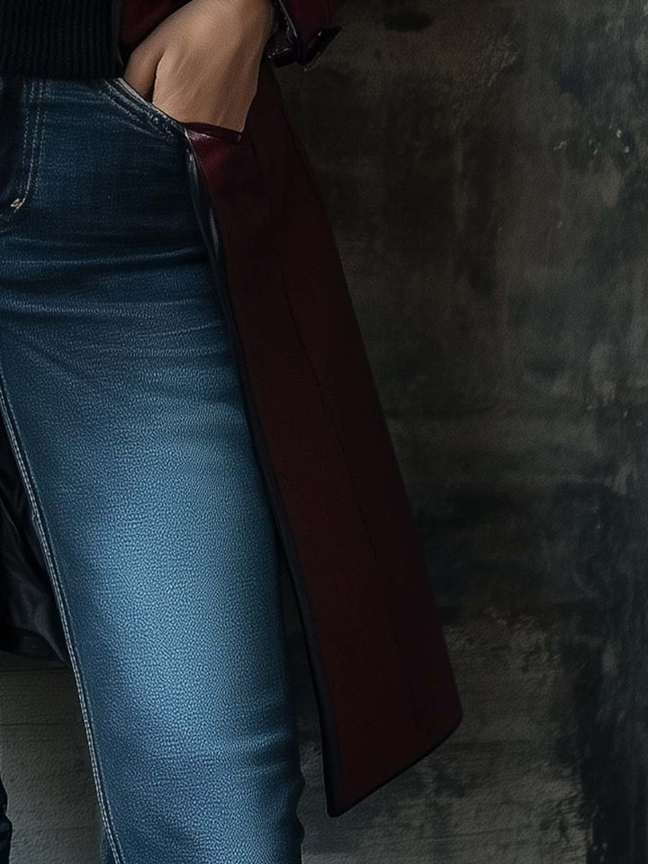 (clearance) Women's Retro Contrast Color Stand Collar Leather Coat