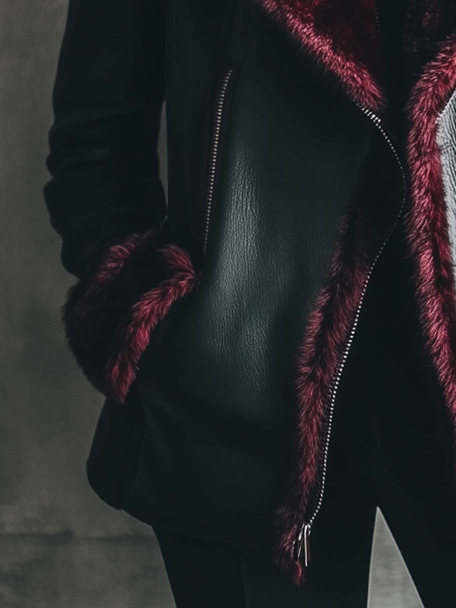 (clearance) Women's Retro Contrast Color Fur Collar Leather Jacket