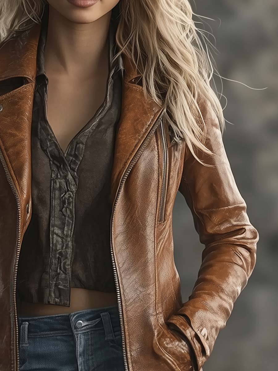 (clearance) Women's Vintage Contrast Zipper Faux Leather Jacket
