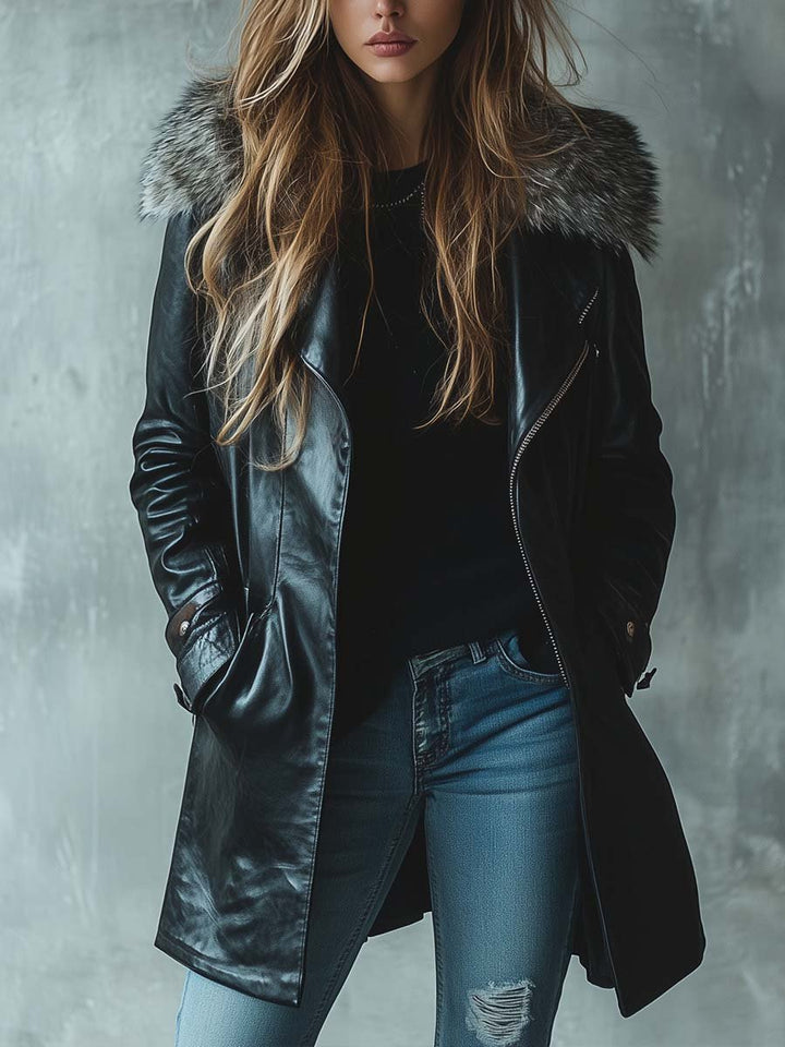 (clearance)Women's Vintage Fur Collar Zipper Mid-Length Leather Coat