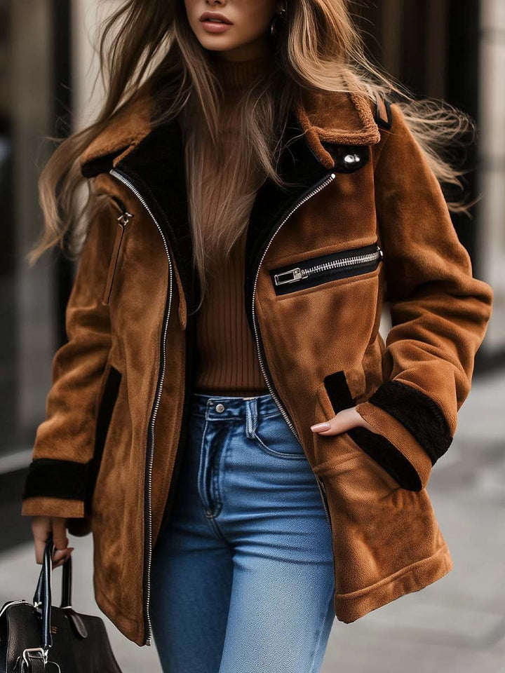 (clearance) Women's Retro Zipper Contrast Color Suede Coat