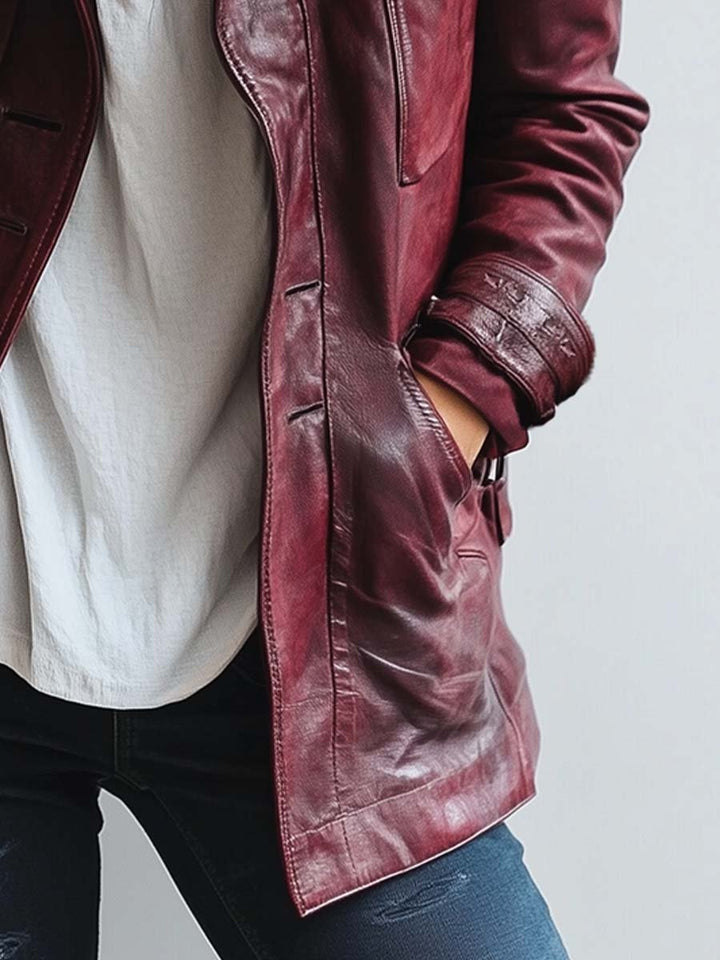 (clearance) Women's Vintage Burgundy Faux Leather Jacket