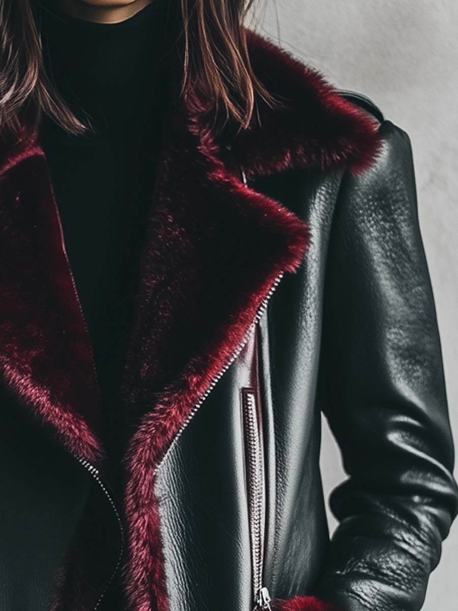 (clearance) Women's Retro Contrast Color Fur Collar Leather Jacket