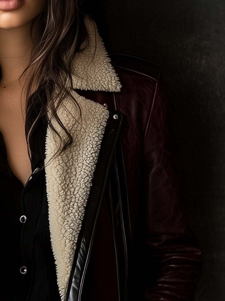 (clearance) Women's Vintage Burgundy Lambskin Faux Leather Coat