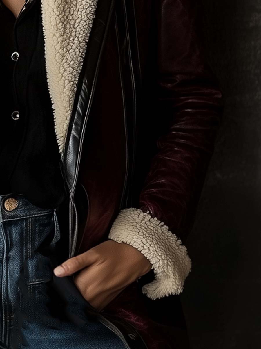 (clearance) Women's Vintage Burgundy Lambskin Faux Leather Coat