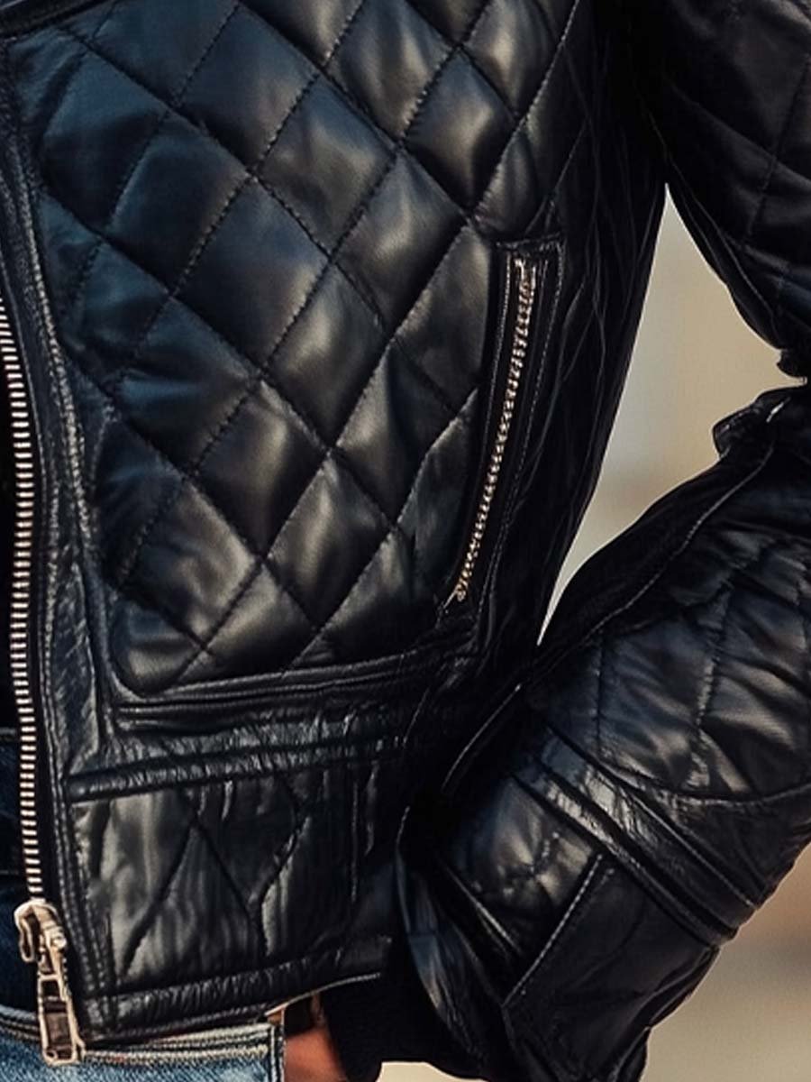 (clearance) Women's Retro Contrasting Colors Quilted Leather Jacket