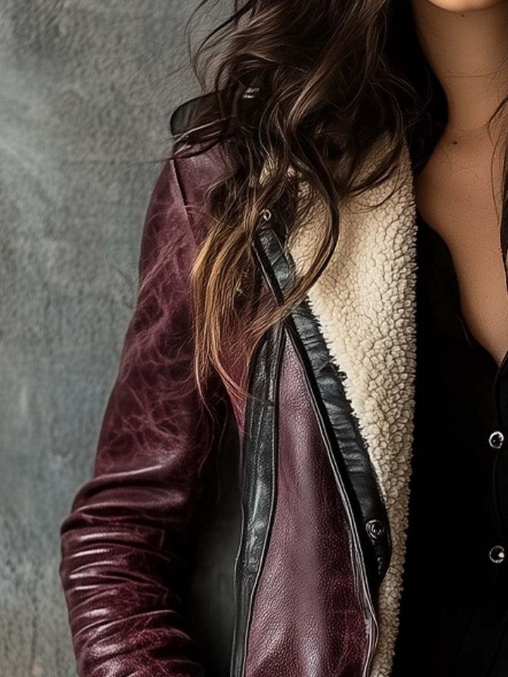 (clearance) Women's Vintage Burgundy Lambskin Faux Leather Coat