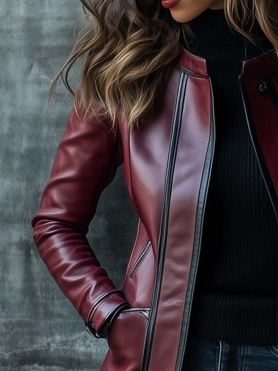 (clearance) Women's Retro Contrast Color Stand Collar Leather Coat