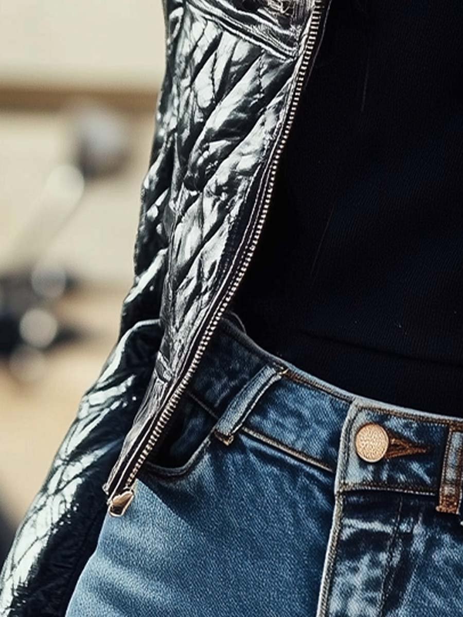 (clearance) Women's Retro Contrasting Colors Quilted Leather Jacket