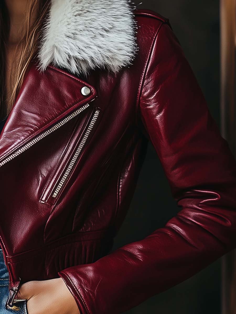 (clearance) Women's Vintage Fur Collar Zipper Leather Jacket