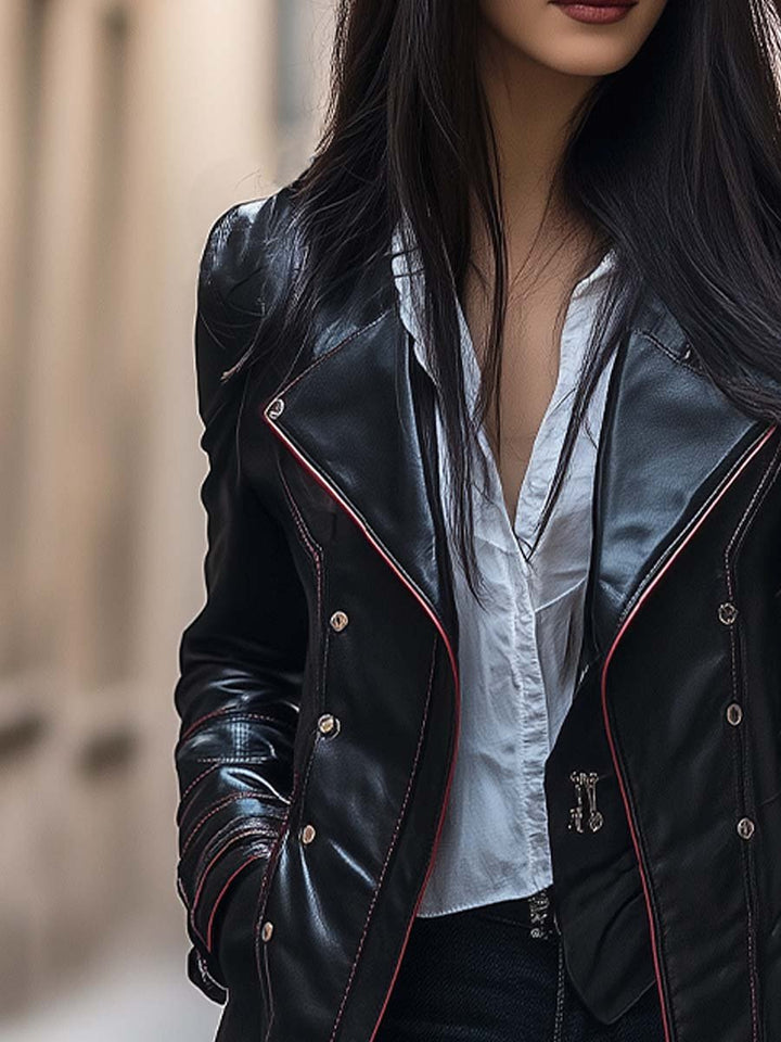 (clearance) Women's Retro Zipper Button Long Leather Coat