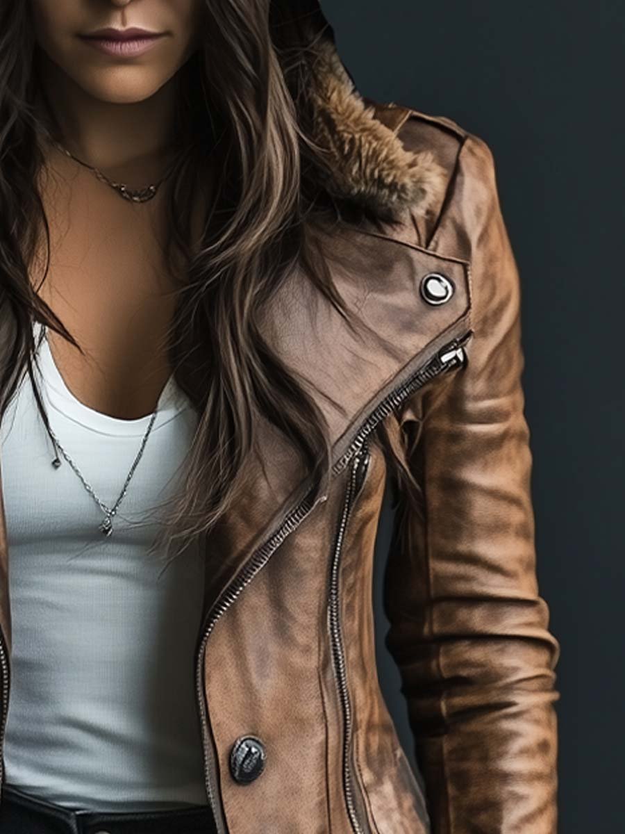 (clearance) Women's Vintage Fur Collar Zipper Faux Leather Coat