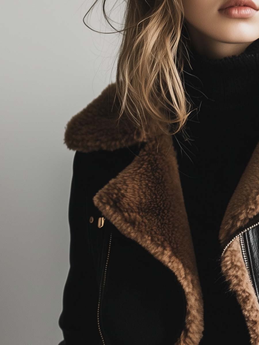 (clearance) Women's Vintage Fur Collar Contrast Faux Leather Jacket