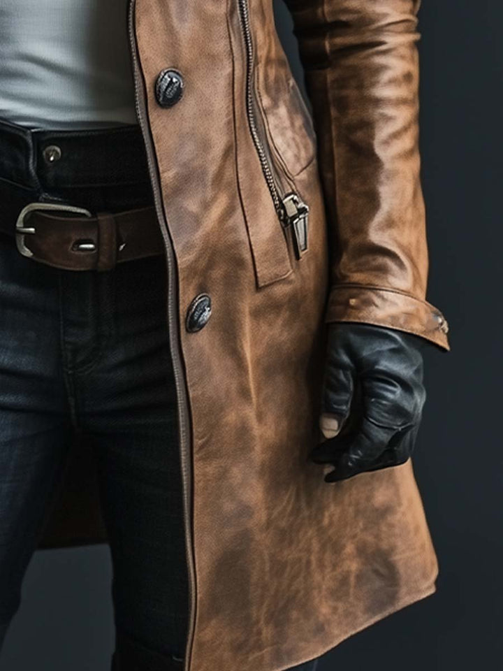 (clearance) Women's Vintage Fur Collar Zipper Faux Leather Coat