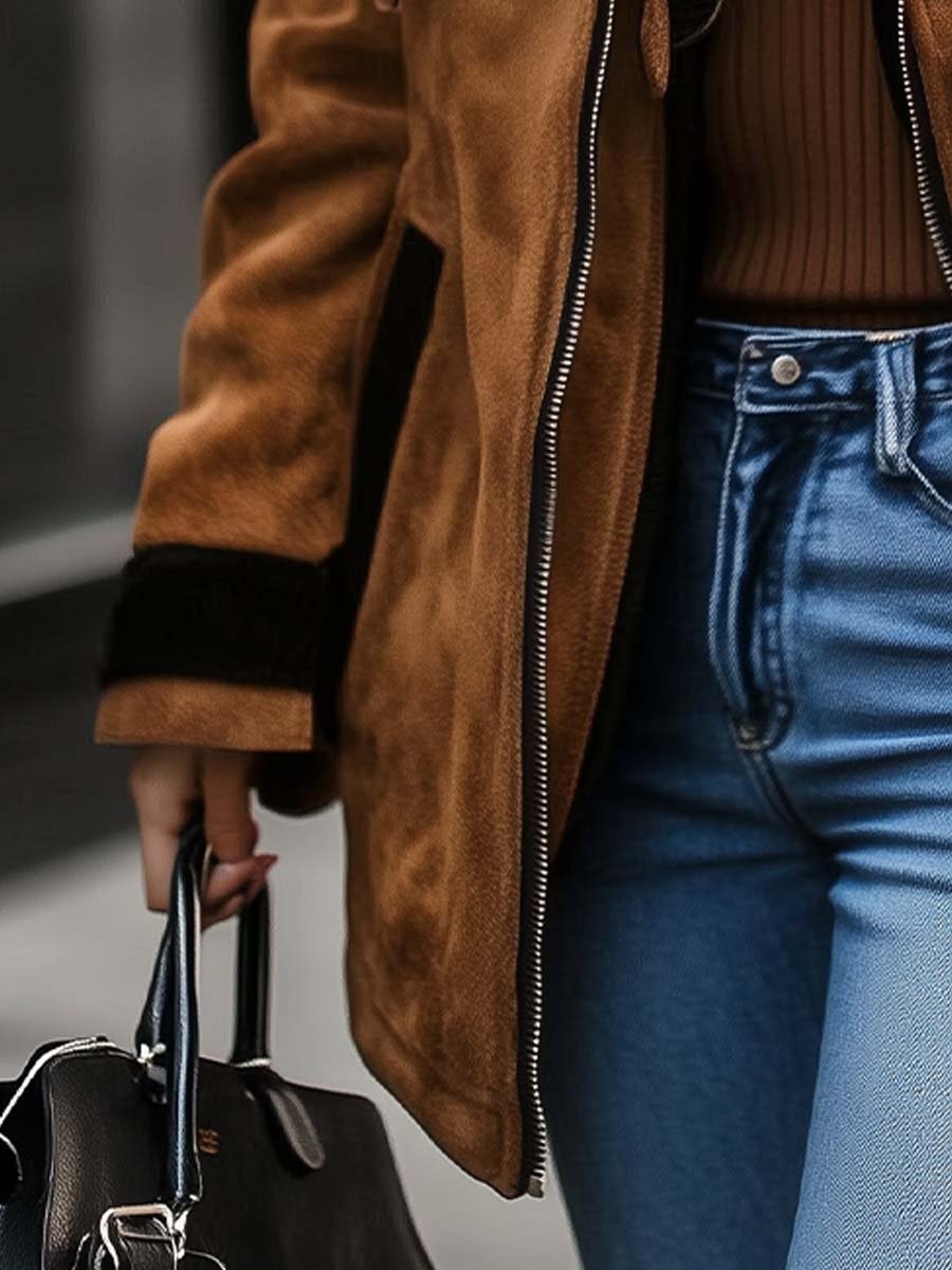 (clearance) Women's Retro Zipper Contrast Color Suede Coat