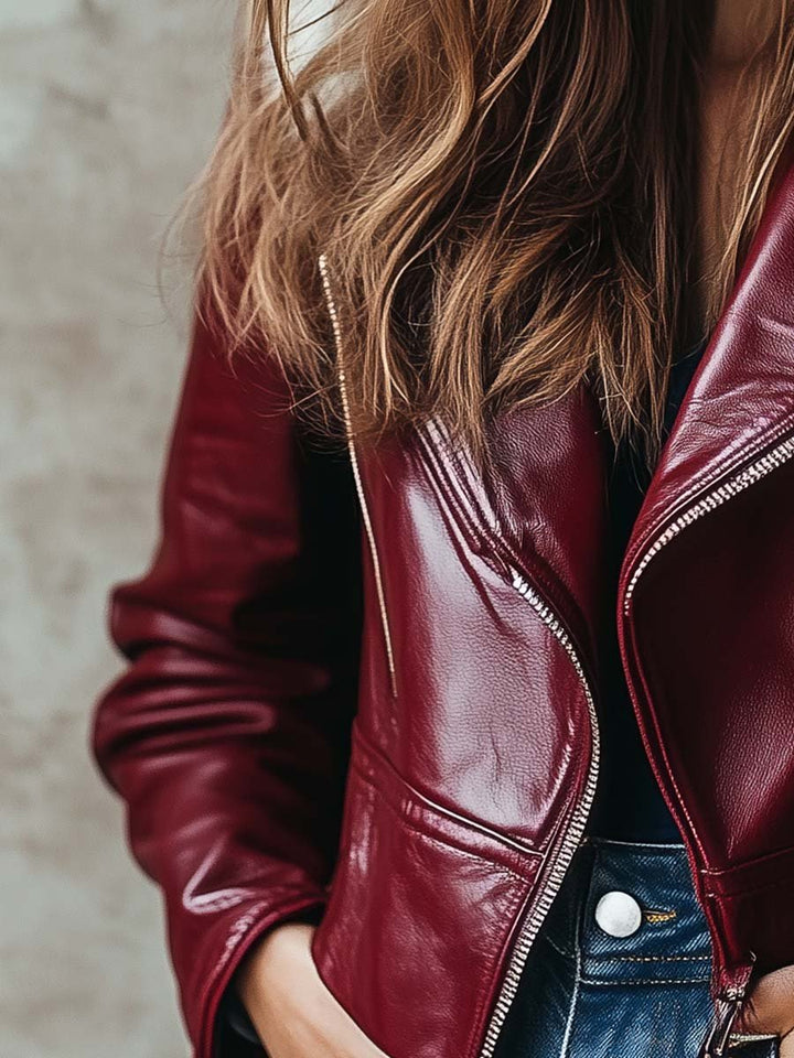 (clearance) Women's Vintage Fur Collar Zipper Leather Jacket