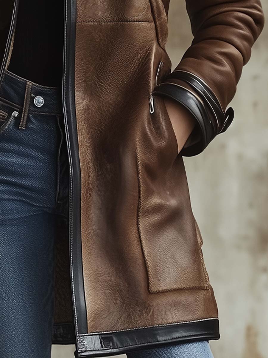 (clearance)Women's Vintage Contrast Collar Faux Leather Jacket