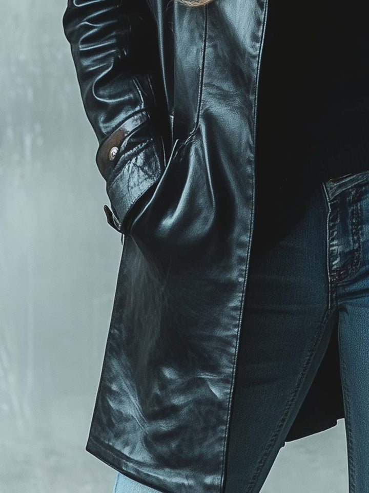 (clearance)Women's Vintage Fur Collar Zipper Mid-Length Leather Coat