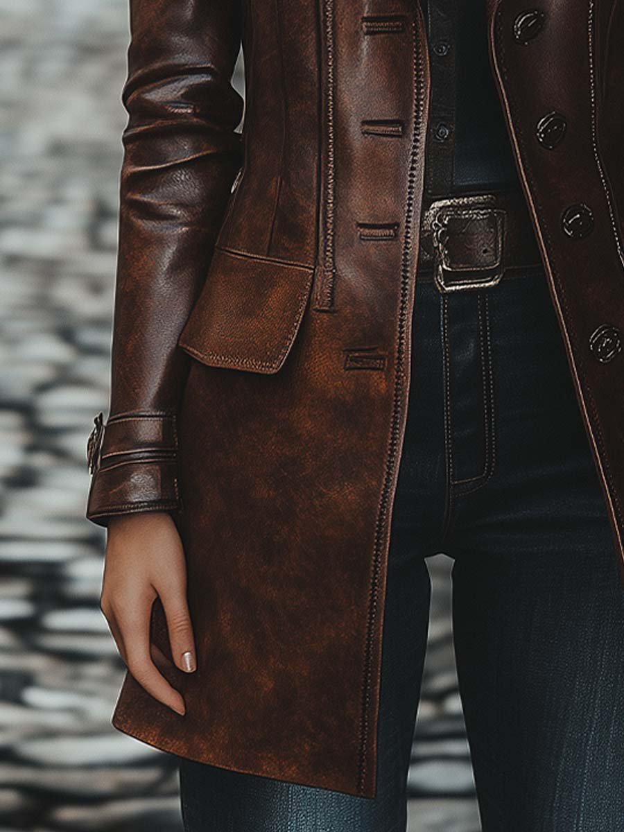 (clearance) Women's Vintage Lapel Button Leather Long Jacket