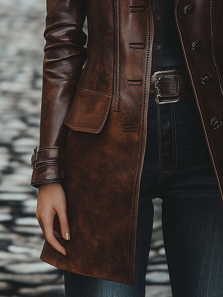 (clearance) Women's Vintage Lapel Button Leather Long Jacket