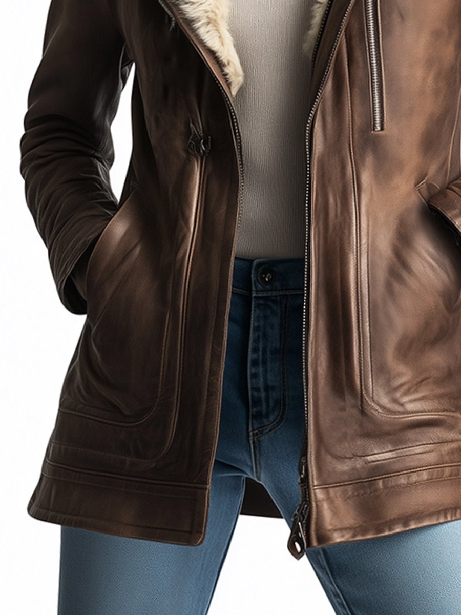 (clearance) Vintage Wool Multi-pocket Sheepskin Faux Leather Warm Coat