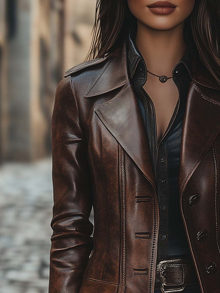 (clearance) Women's Vintage Lapel Button Leather Long Jacket