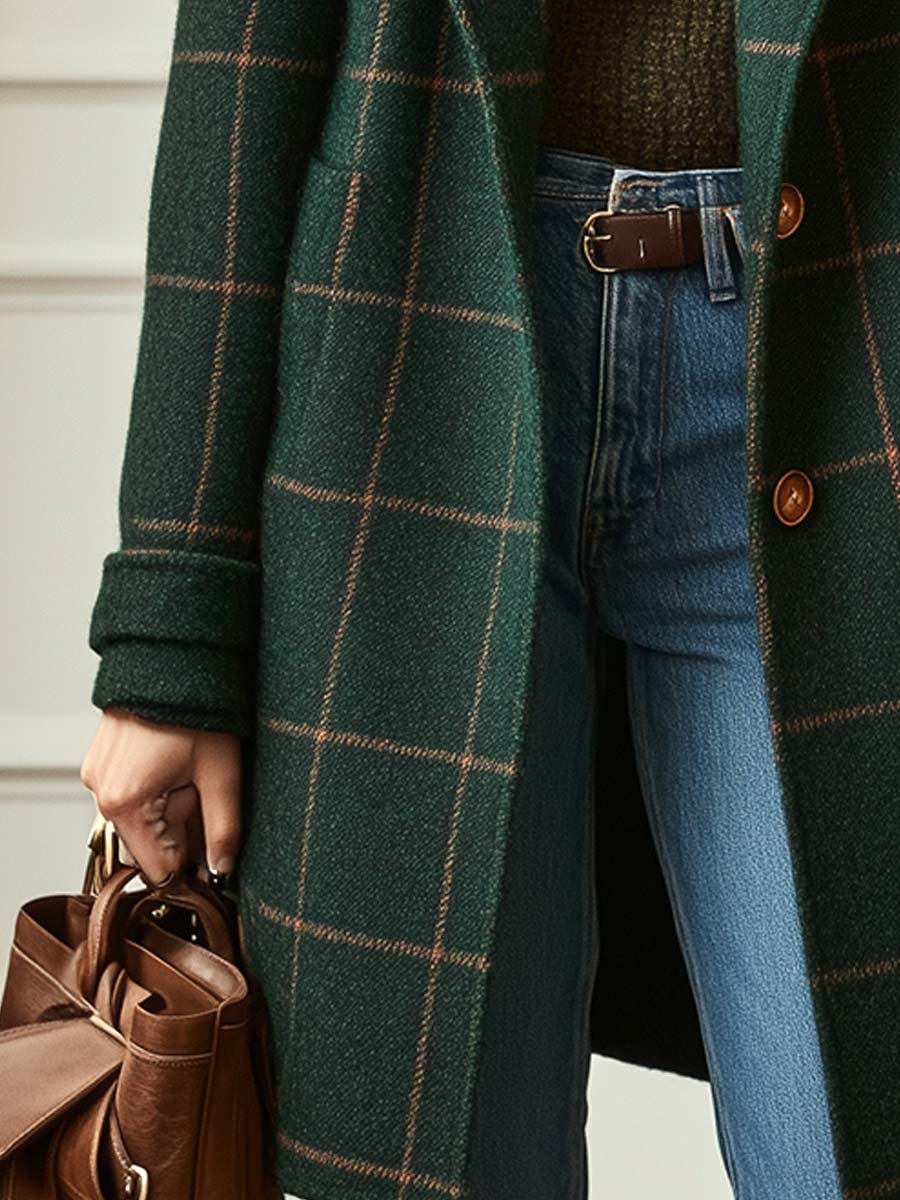 (clearance) Women's Retro Lapel Plaid Coat