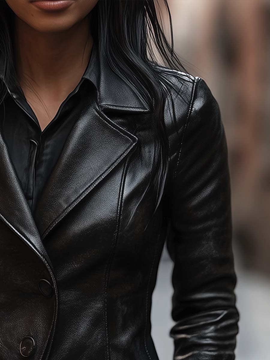 (clearance)Vintage Lapel Button Faux Leather Jacket