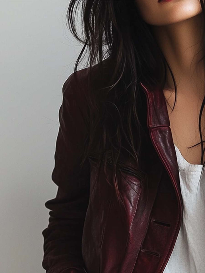 (clearance) Women's Vintage Burgundy Faux Leather Jacket